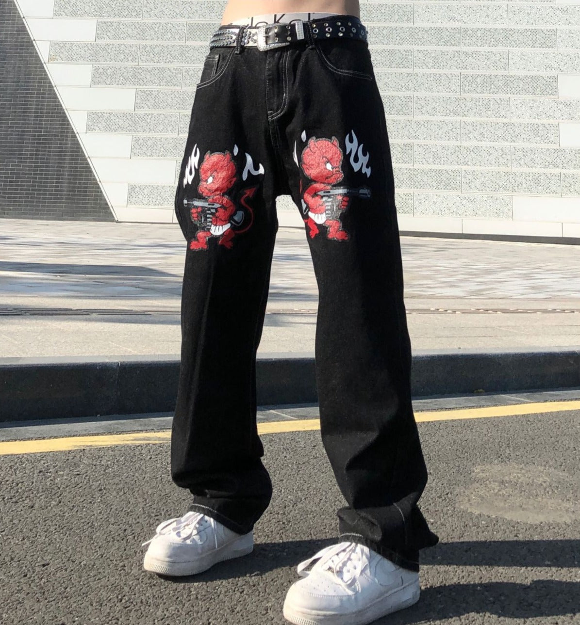 Devil Printed Jeans, High Street Y2K Pants, Black Baggy Jeans, Straight Y2K Trousers, Streetwear Jeans, Wide Leg Pants For Men