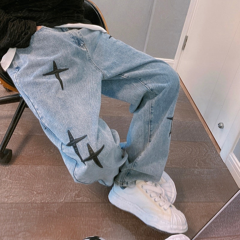 Embroidered Jeans, Straight Loose Wide-leg Pants, Korean Fashion, High Street Hip Hop Style Pants