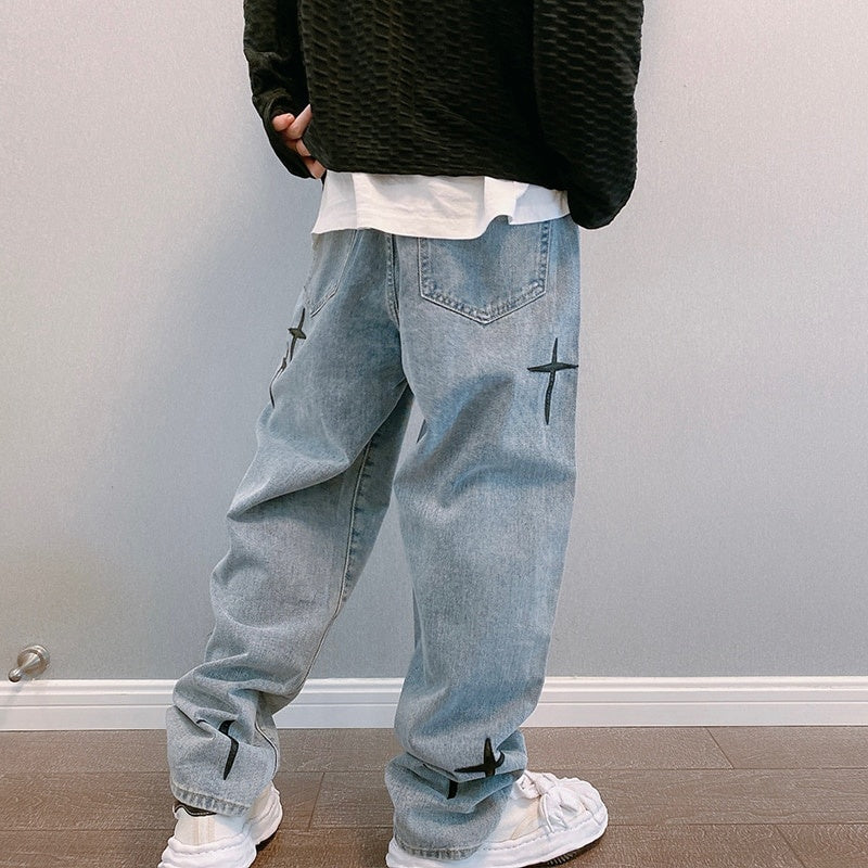 Embroidered Jeans, Straight Loose Wide-leg Pants, Korean Fashion, High Street Hip Hop Style Pants