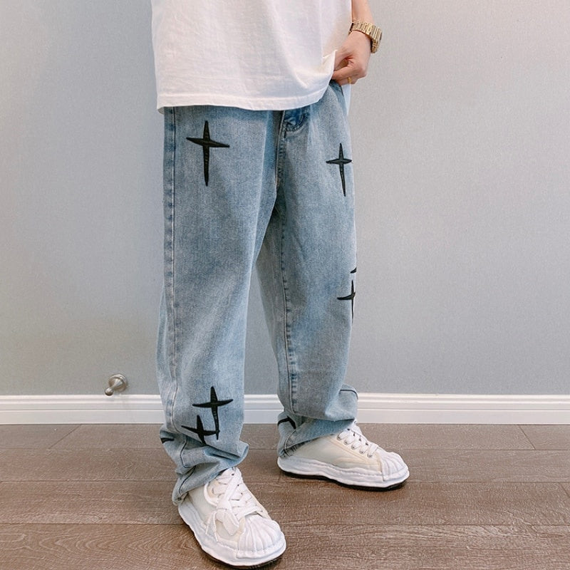 Embroidered Jeans, Straight Loose Wide-leg Pants, Korean Fashion, High Street Hip Hop Style Pants