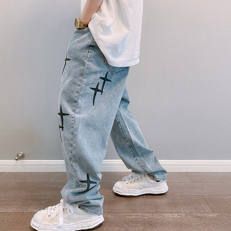 Embroidered Jeans, Straight Loose Wide-leg Pants, Korean Fashion, High Street Hip Hop Style Pants