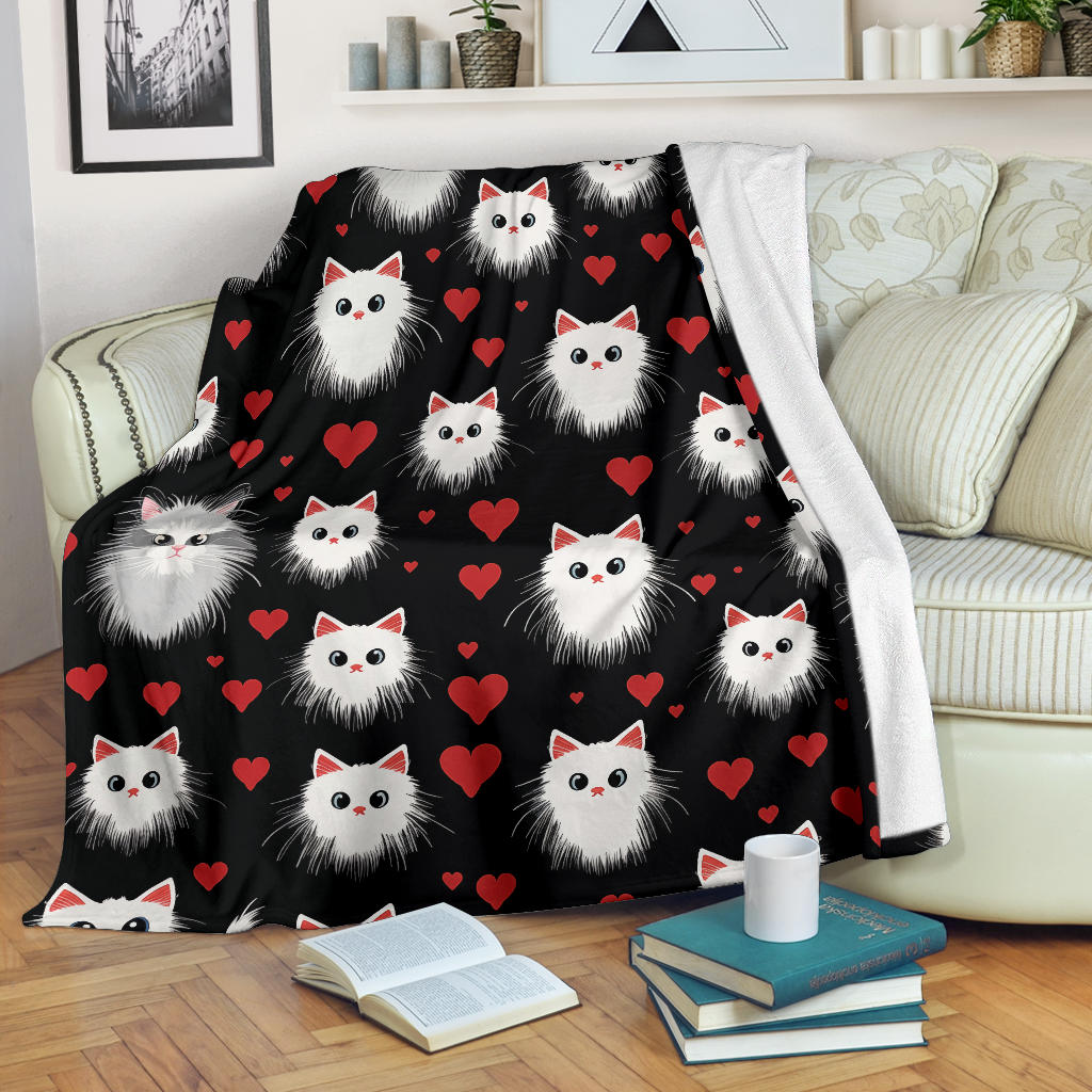 Persian Cat Hearts Blanket, Persian Cat Fleece Blanket