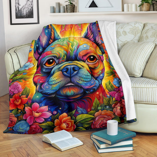 Trippy Psychedelics French Bulldog, French Bulldog Throw Blanket, French Bulldog Fleece Blanket, French Bulldog Gifts