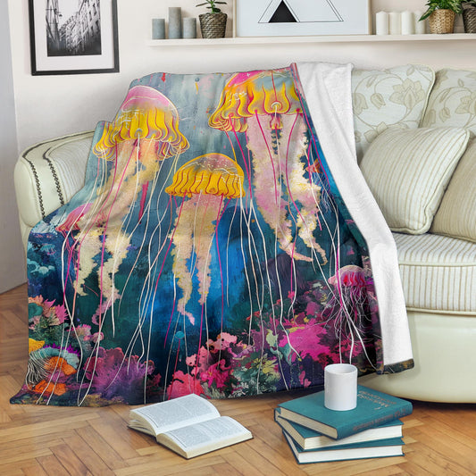 Jellyfish Blanket, Trippy Psychedelics Jellyfish Fleece Blanket, Jellyfish Throw Blanket, Jellyfish Gifts