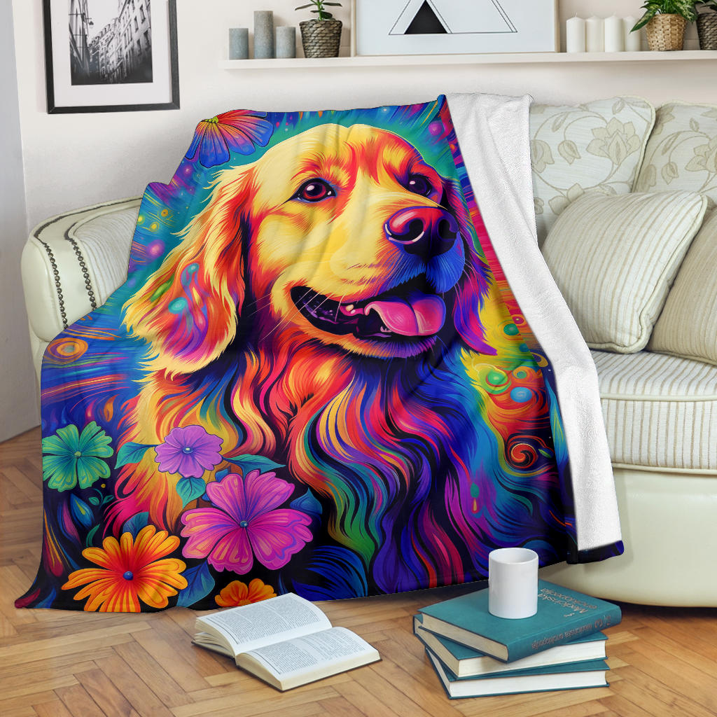 Trippy Psychedelics Golden Retriever Blanket, Golden Retriever Throw Blanket, Golden Retriever Fleece Blanket, Golden Retriever Gifts