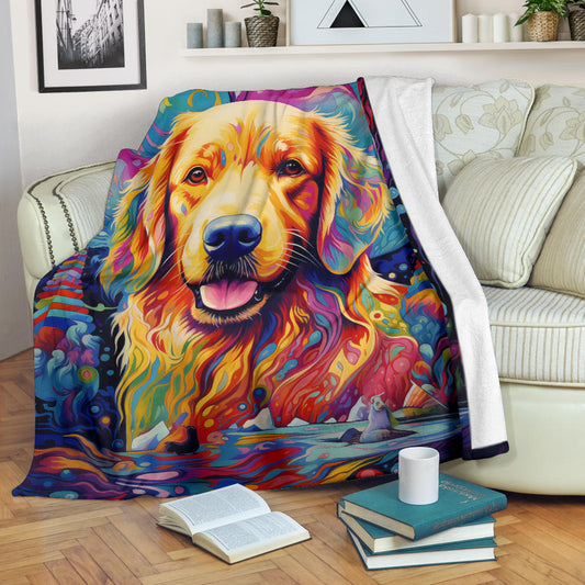 Trippy Psychedelics Golden Retriever Blanket, Golden Retriever Throw Blanket, Golden Retriever Fleece Blanket, Golden Retriever Gifts