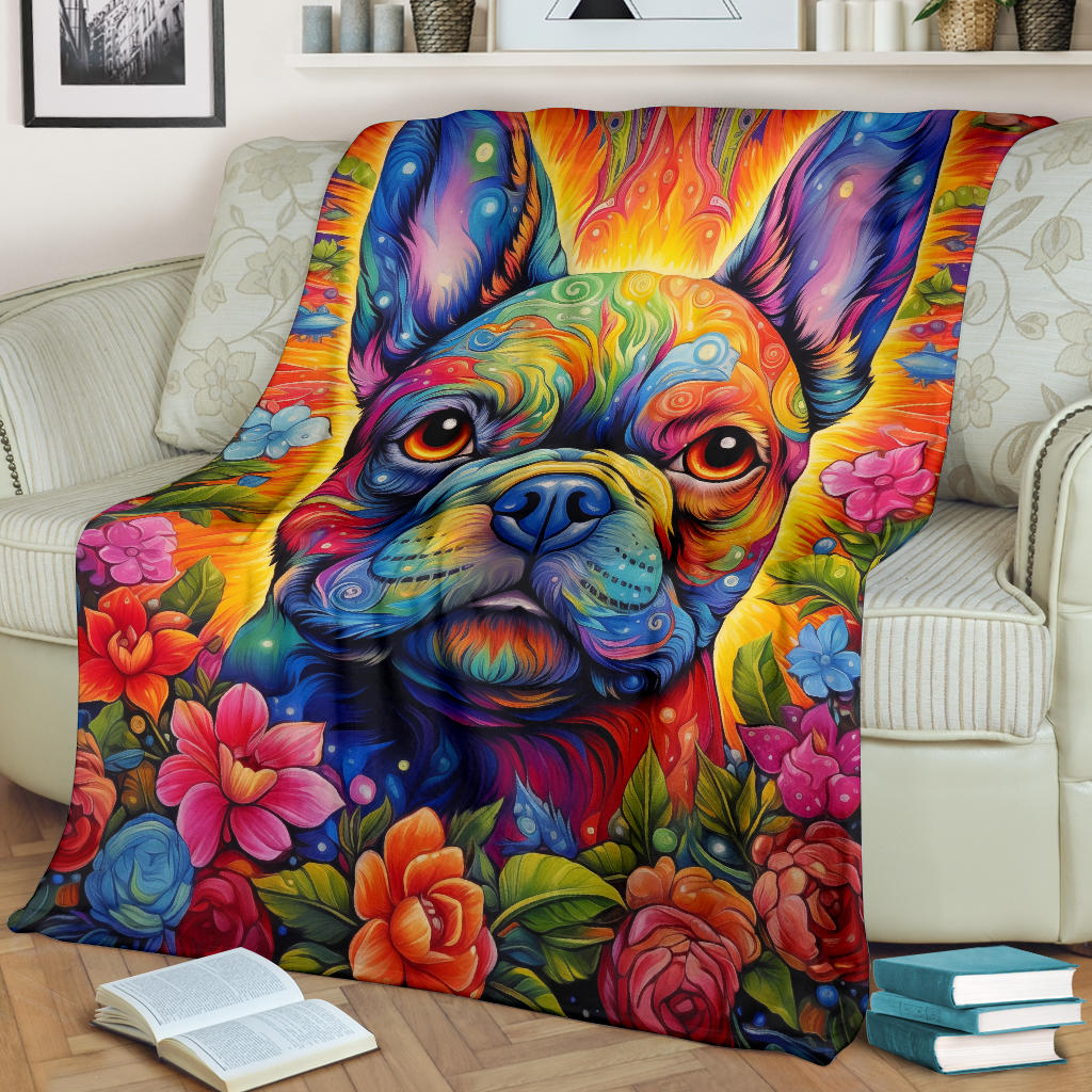 Trippy Psychedelics French Bulldog, French Bulldog Throw Blanket, French Bulldog Fleece Blanket, French Bulldog Gifts