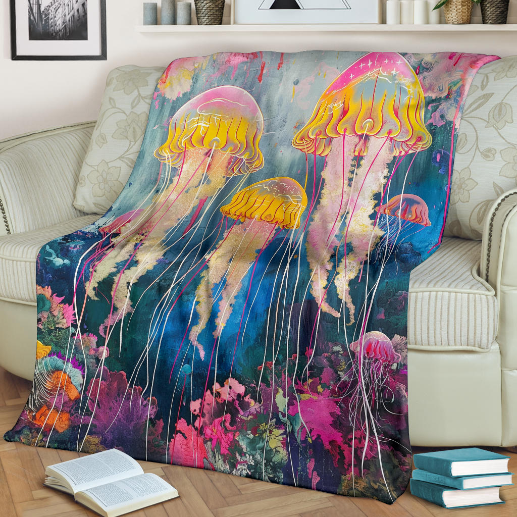 Jellyfish Blanket, Trippy Psychedelics Jellyfish Fleece Blanket, Jellyfish Throw Blanket, Jellyfish Gifts