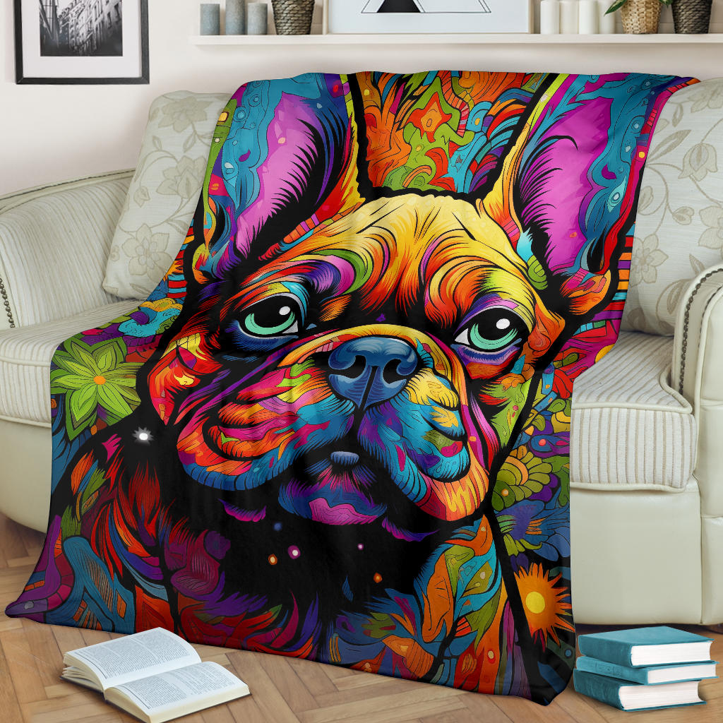 Trippy Psychedelics French Bulldog, French Bulldog Throw Blanket, French Bulldog Fleece Blanket, French Bulldog Gifts