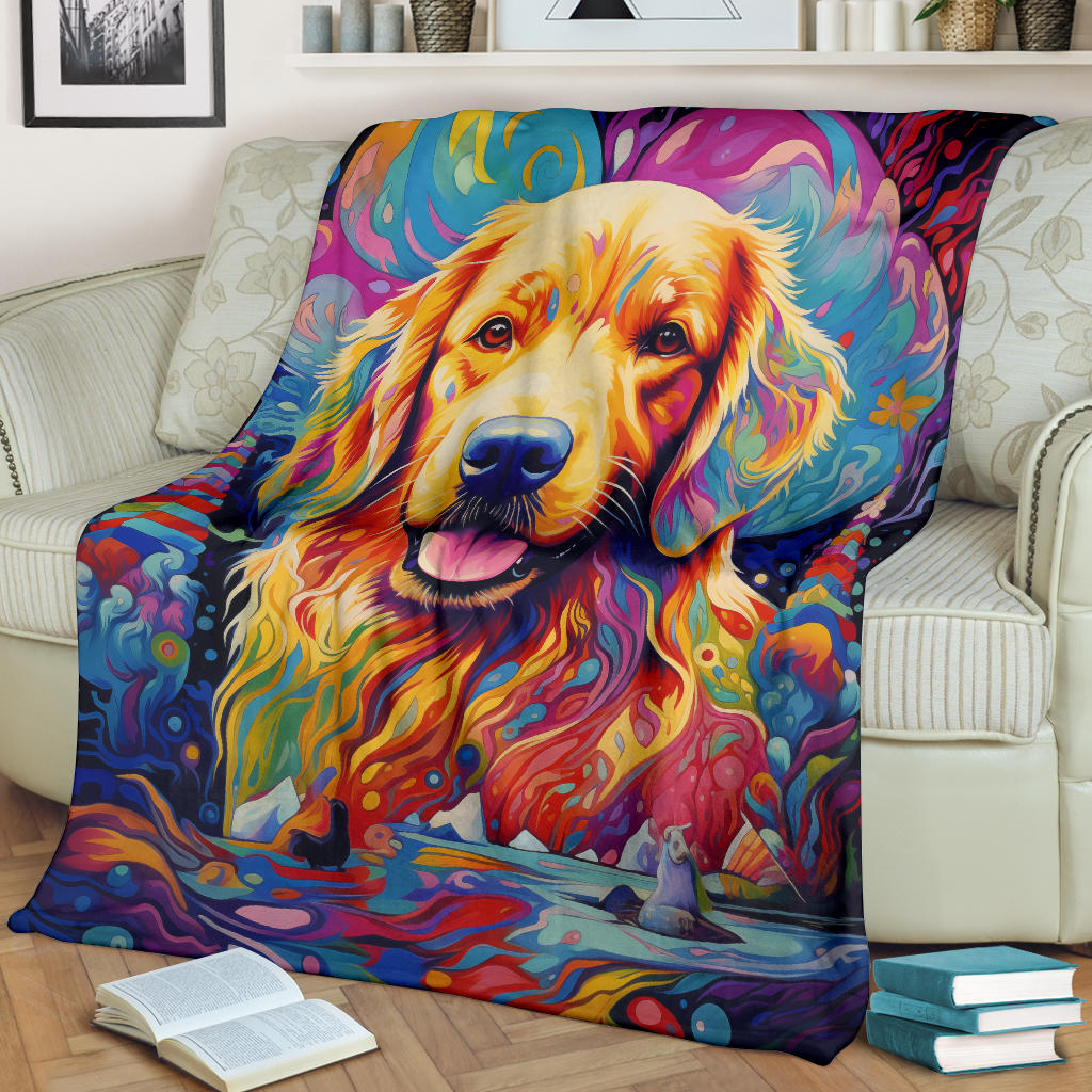 Trippy Psychedelics Golden Retriever Blanket, Golden Retriever Throw Blanket, Golden Retriever Fleece Blanket, Golden Retriever Gifts