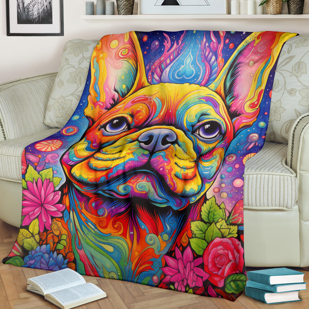 Trippy Psychedelics French Bulldog, French Bulldog Throw Blanket, French Bulldog Fleece Blanket, French Bulldog Gifts