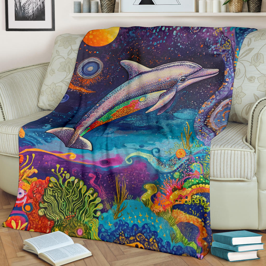 Dolphin Blanket, Trippy Psychedelics Dolphin Fleece Blanket, Dolphin Throw Blanket, Dolphin Gifts