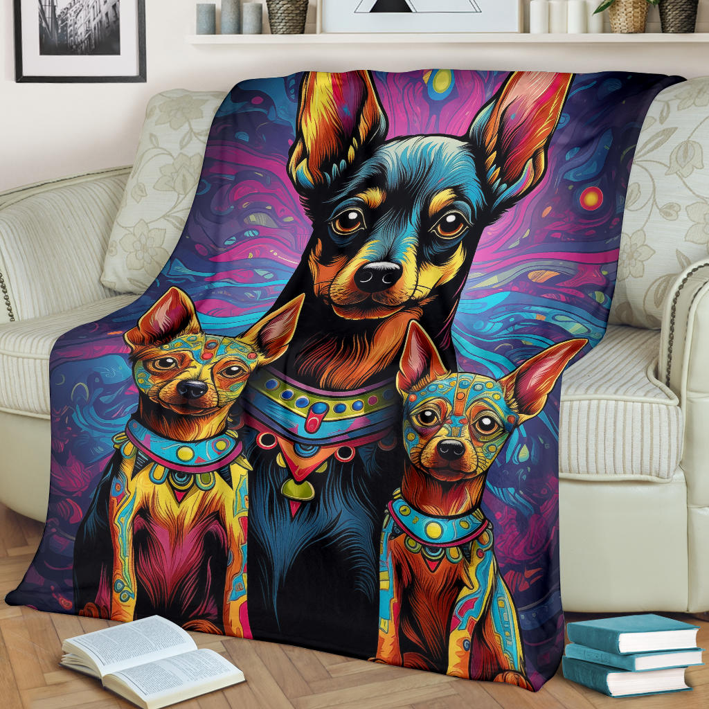 Miniature Pinscher Blanket, Trippy Psychedelics Miniature Pinscher Fleece Blanket, Miniature Pinscher Throw Blanket, Miniature Pinscher Gifts