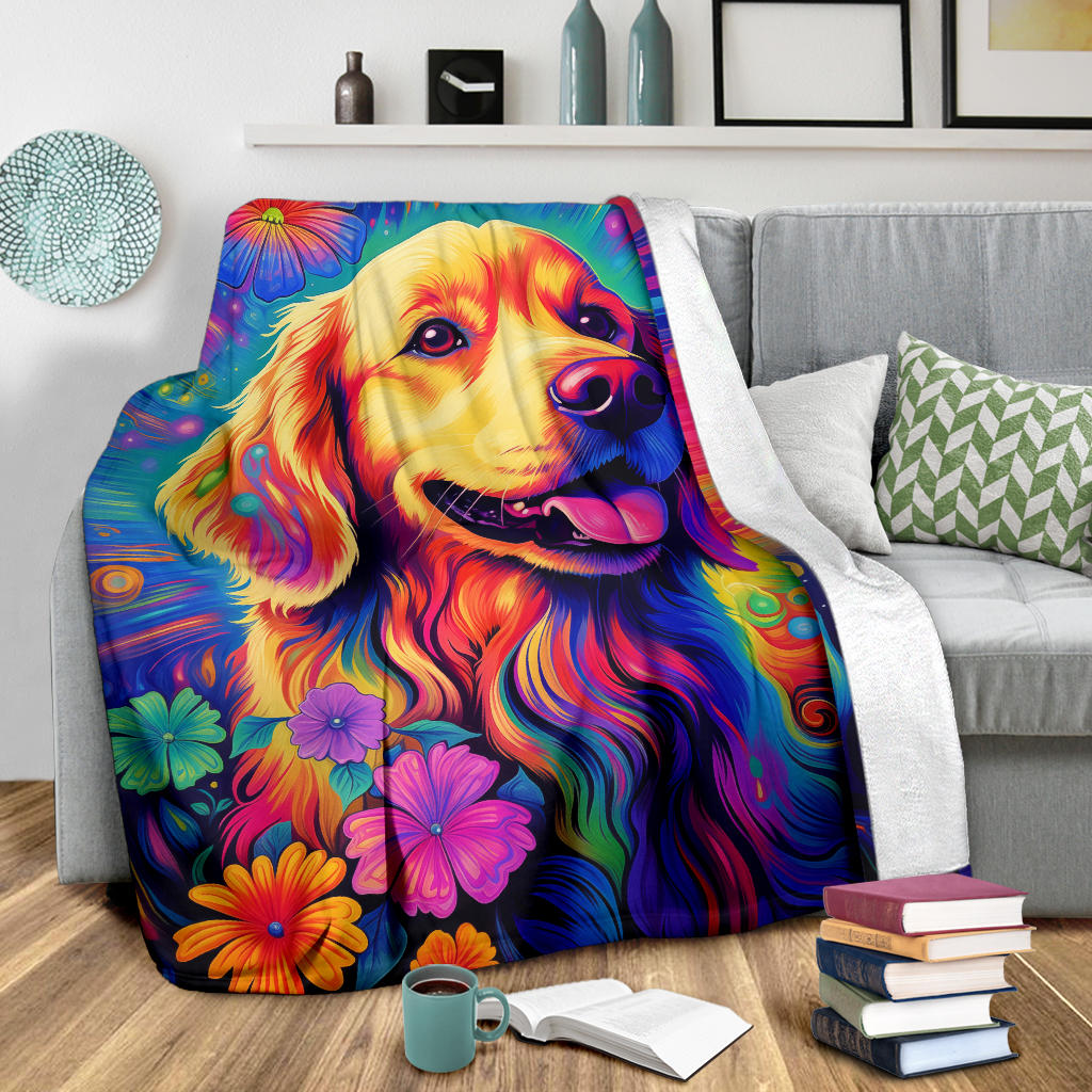 Trippy Psychedelics Golden Retriever Blanket, Golden Retriever Throw Blanket, Golden Retriever Fleece Blanket, Golden Retriever Gifts