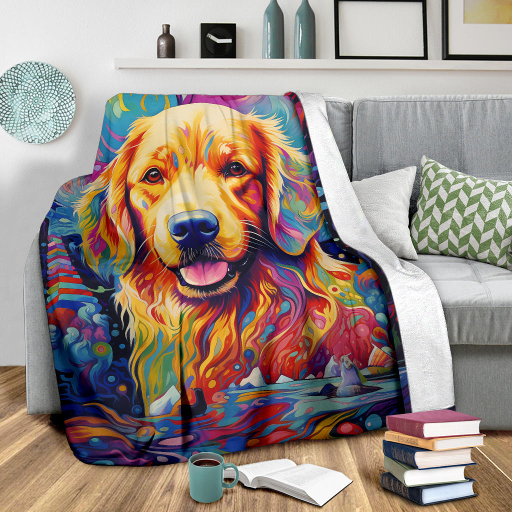 Trippy Psychedelics Golden Retriever Blanket, Golden Retriever Throw Blanket, Golden Retriever Fleece Blanket, Golden Retriever Gifts