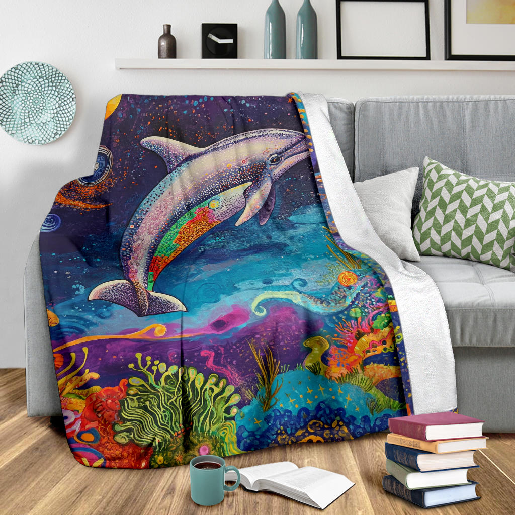 Dolphin Blanket, Trippy Psychedelics Dolphin Fleece Blanket, Dolphin Throw Blanket, Dolphin Gifts