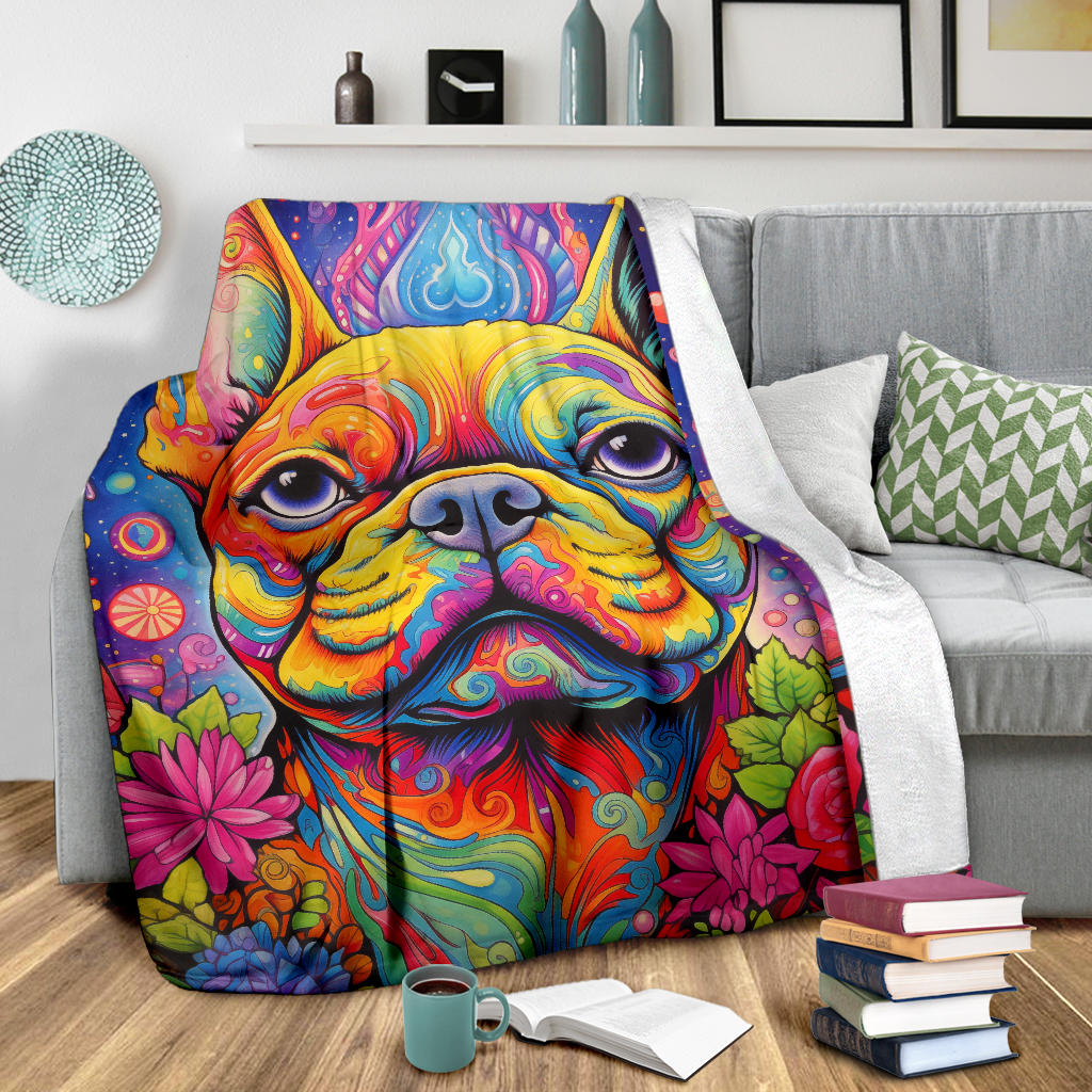 Trippy Psychedelics French Bulldog, French Bulldog Throw Blanket, French Bulldog Fleece Blanket, French Bulldog Gifts