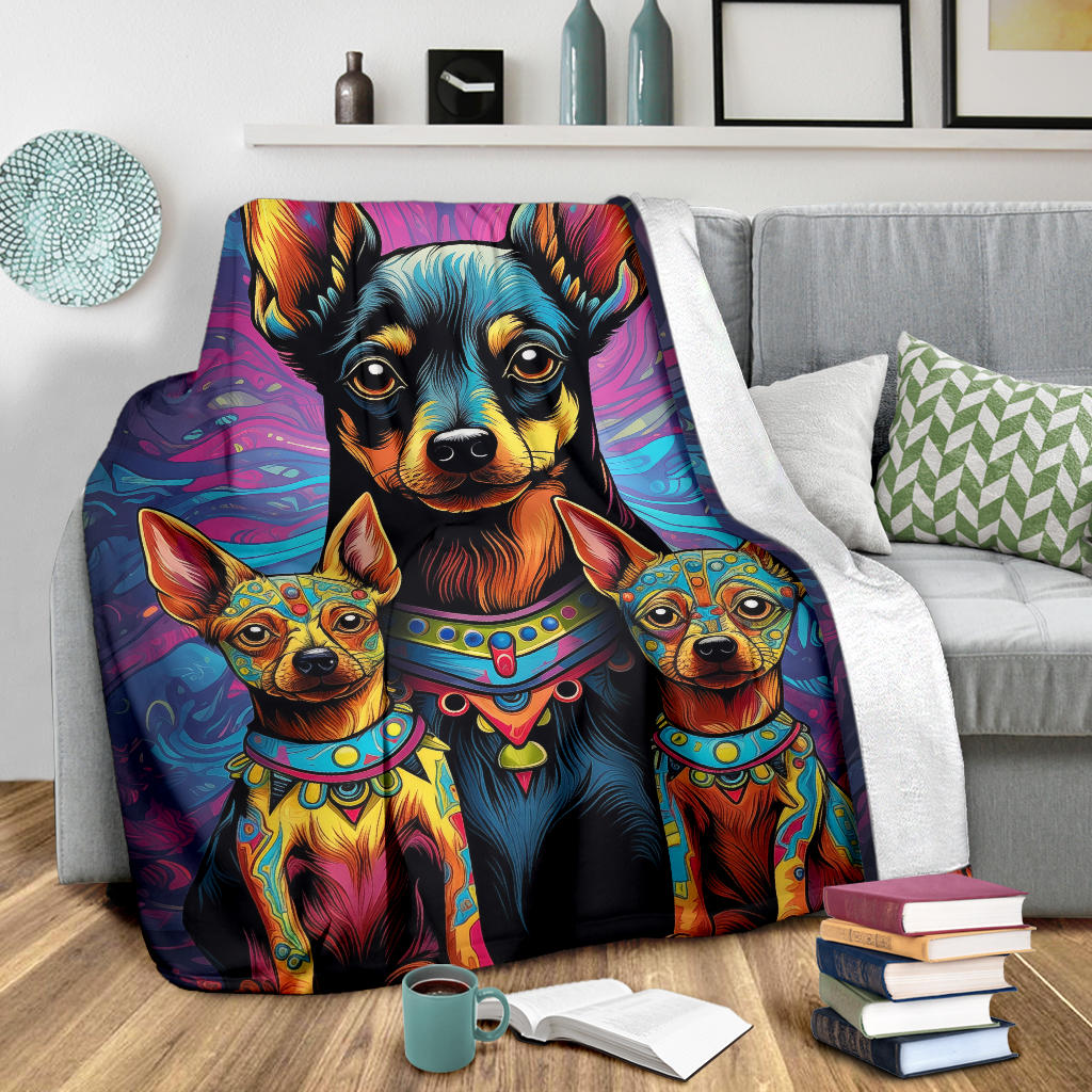 Miniature Pinscher Blanket, Trippy Psychedelics Miniature Pinscher Fleece Blanket, Miniature Pinscher Throw Blanket, Miniature Pinscher Gifts