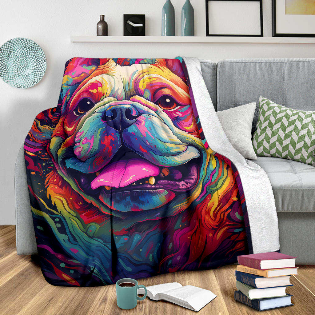 Trippy Psychedelics Bulldog Blanket, Bulldog Throw Blanket, Bulldog Fleece Blanket, Bulldog Gifts