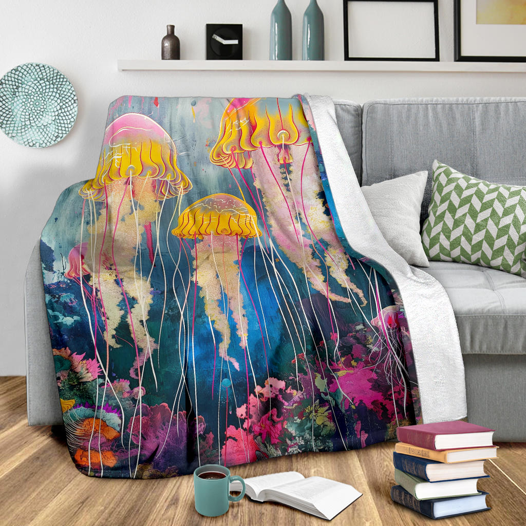 Jellyfish Blanket, Trippy Psychedelics Jellyfish Fleece Blanket, Jellyfish Throw Blanket, Jellyfish Gifts