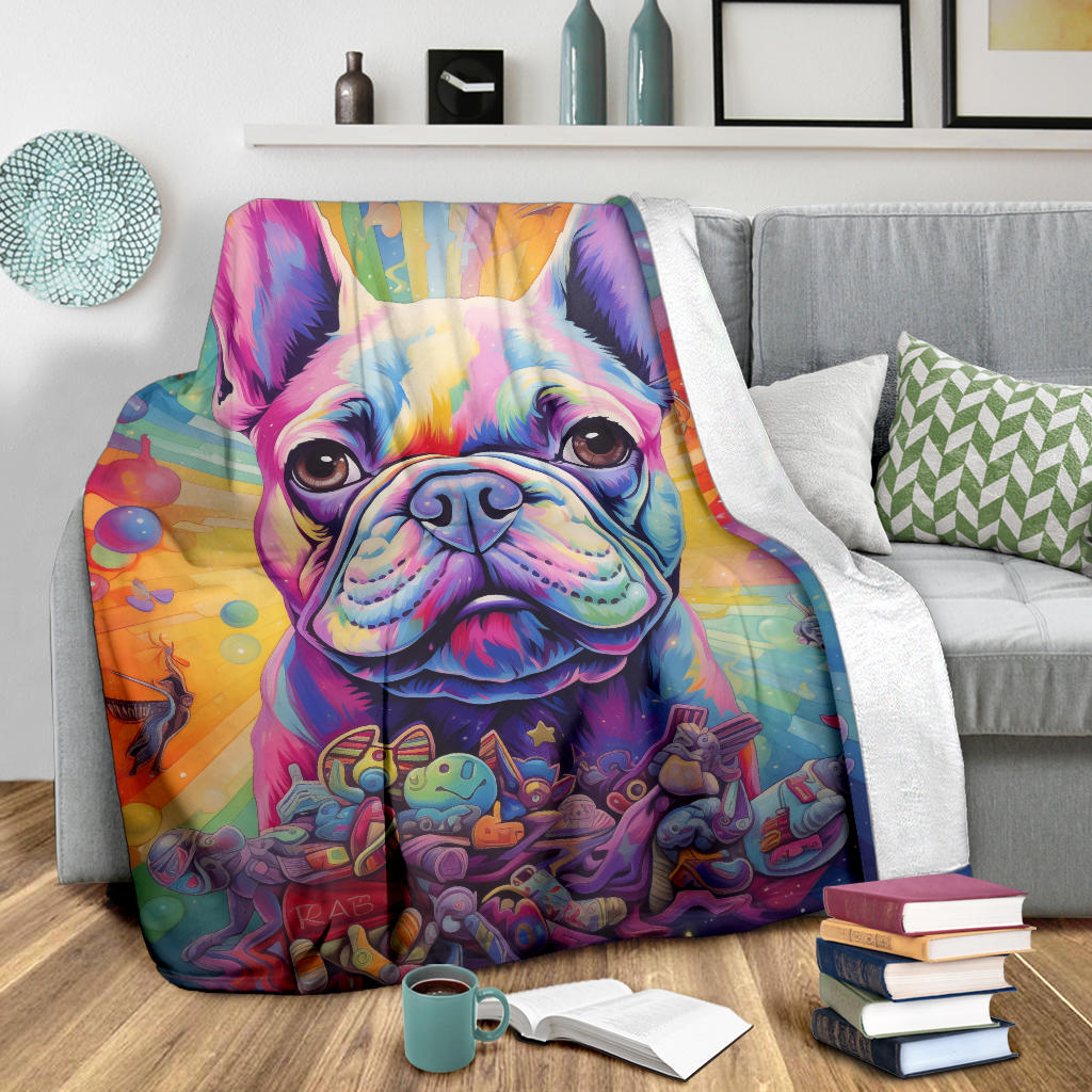 Trippy Psychedelics French Bulldog, French Bulldog Throw Blanket, French Bulldog Fleece Blanket, French Bulldog Gifts