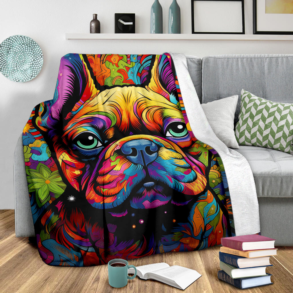 Trippy Psychedelics French Bulldog, French Bulldog Throw Blanket, French Bulldog Fleece Blanket, French Bulldog Gifts