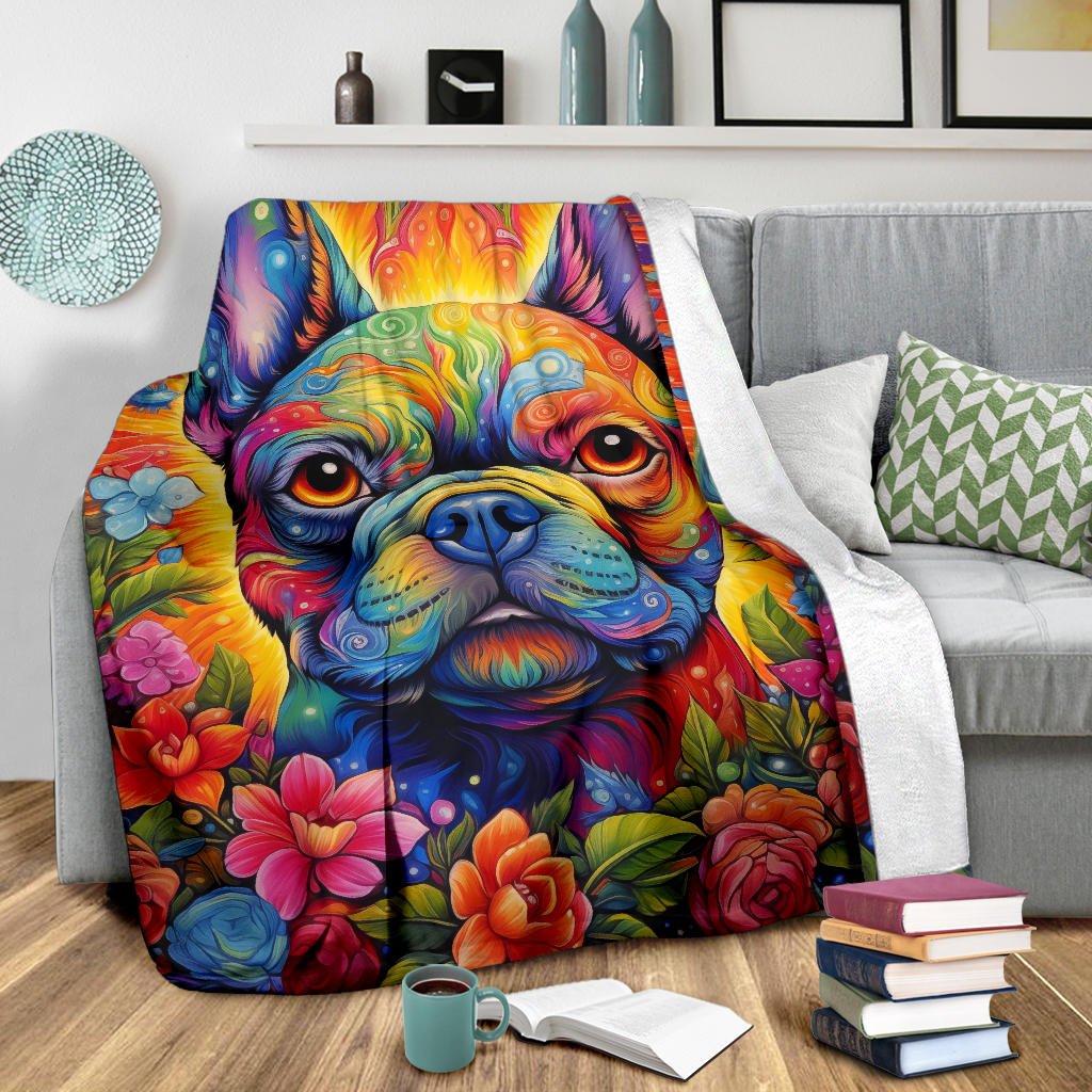 Trippy Psychedelics French Bulldog, French Bulldog Throw Blanket, French Bulldog Fleece Blanket, French Bulldog Gifts