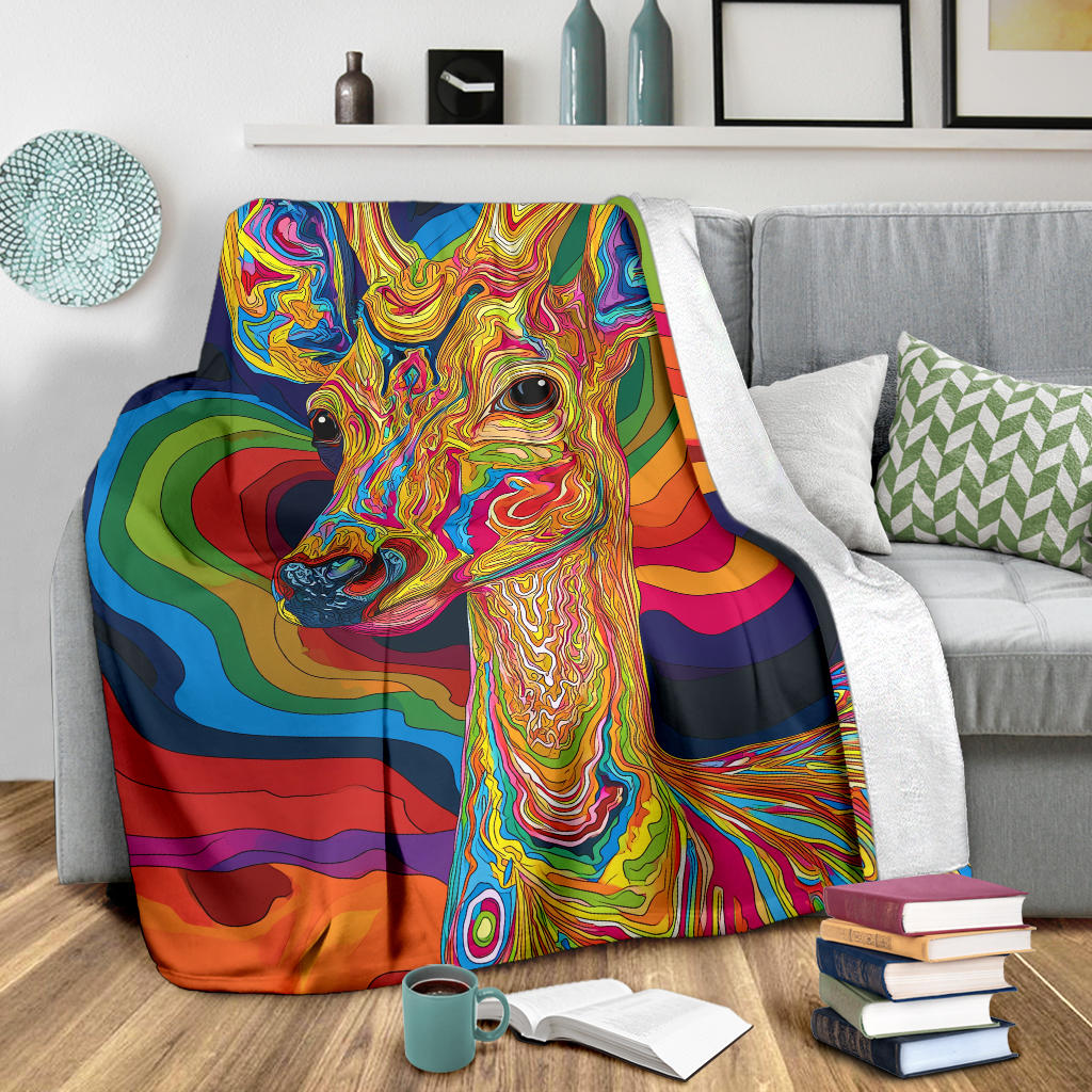 Deer Blanket, Trippy Psychedelics Deer Fleece Blanket, Deer Throw Blanket, Deer Gifts