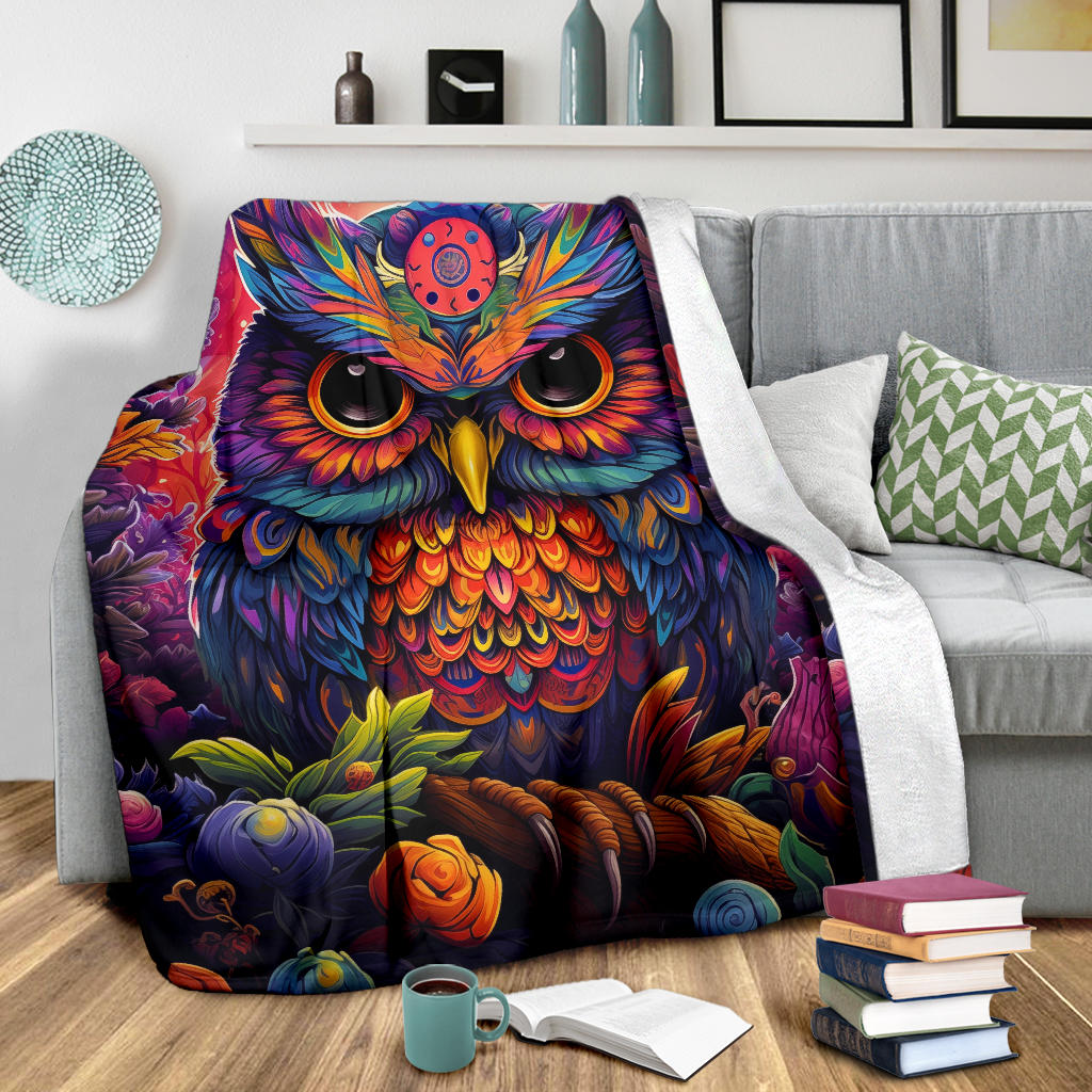 Trippy Psychedelics Owl Blanket, Owl Throw Blanket, Owl Fleece Blanket, Owl Gifts