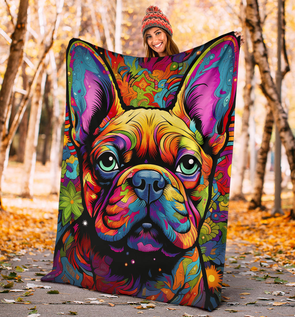 Trippy Psychedelics French Bulldog, French Bulldog Throw Blanket, French Bulldog Fleece Blanket, French Bulldog Gifts