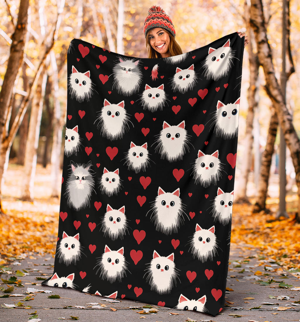 Persian Cat Hearts Blanket, Persian Cat Fleece Blanket