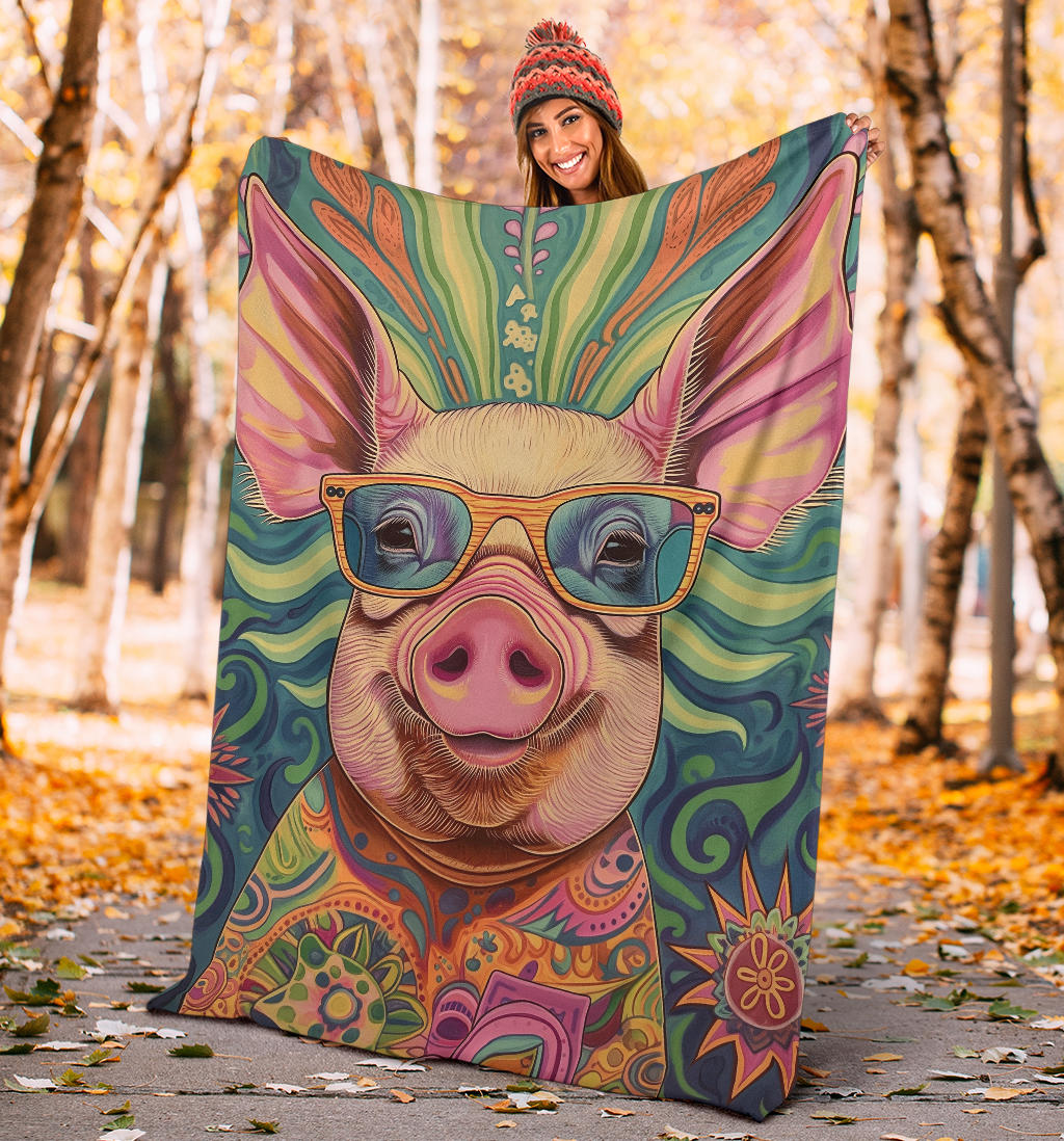 Pig Blanket, Trippy Psychedelics Pig Fleece Blanket, Pig Throw Blanket, Pig Gifts