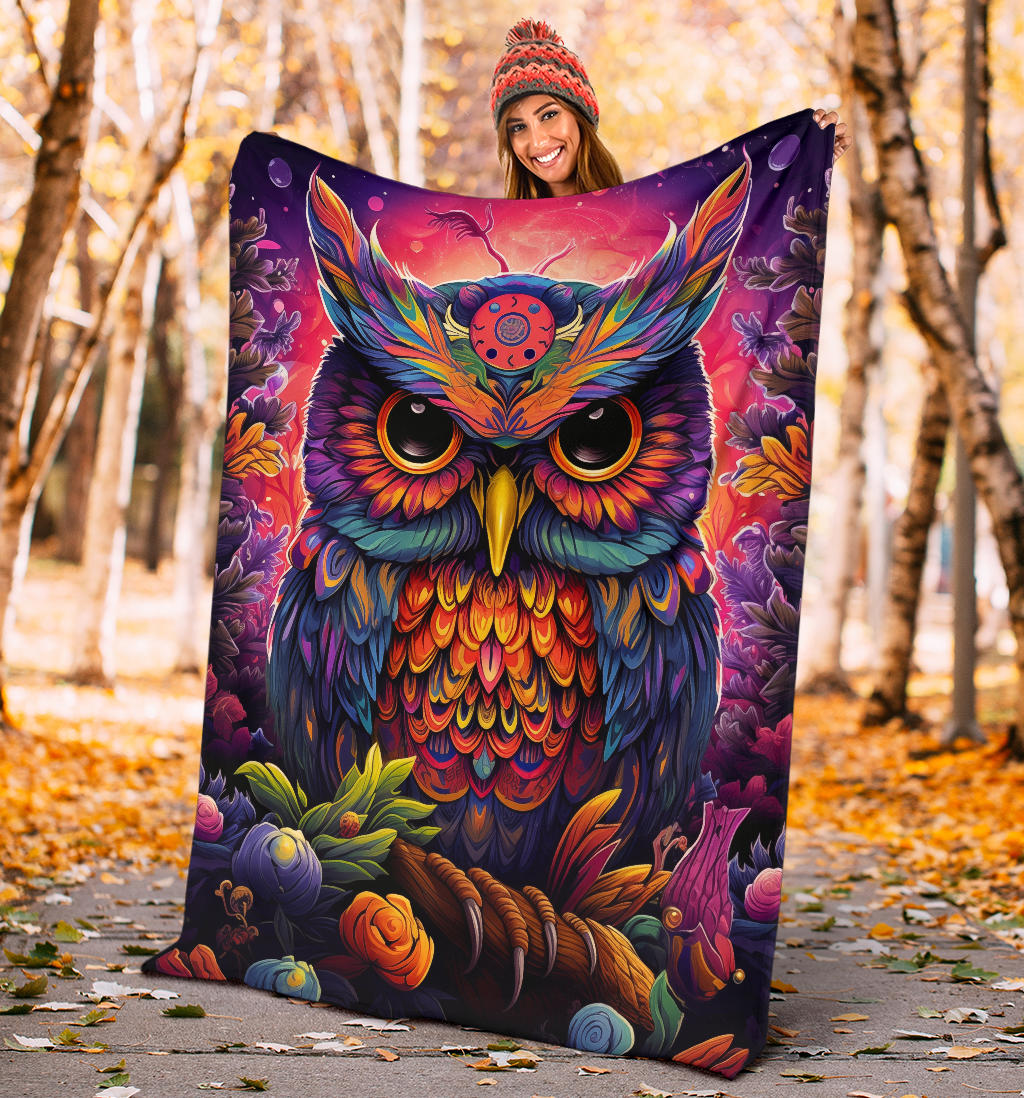 Trippy Psychedelics Owl Blanket, Owl Throw Blanket, Owl Fleece Blanket, Owl Gifts