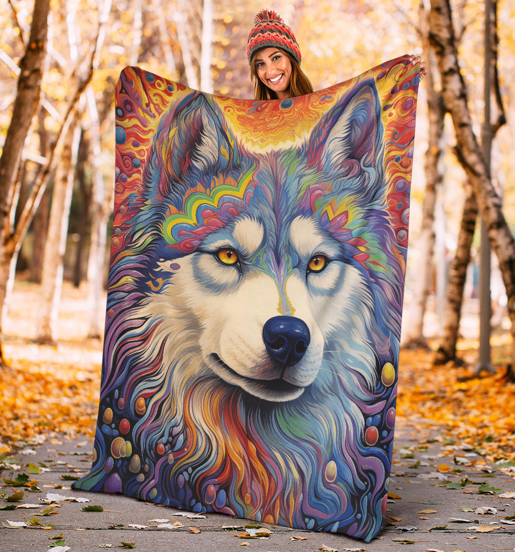 Trippy Psychedelics Siberian Husky Blanket, Siberian Husky Fleece Blanket, Siberian Husky Throw Blanket, Siberian Husky Gifts