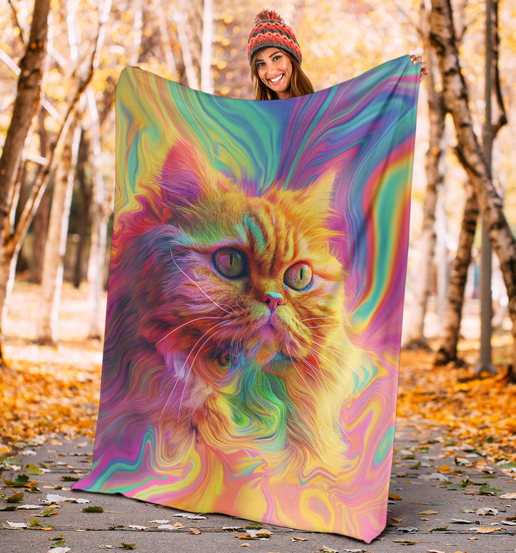 Persian Cat Blanket, Trippy Psychedelics Persian Cat Fleece Blanket, Persian Cat Throw Blanket, Persian Cat Gifts