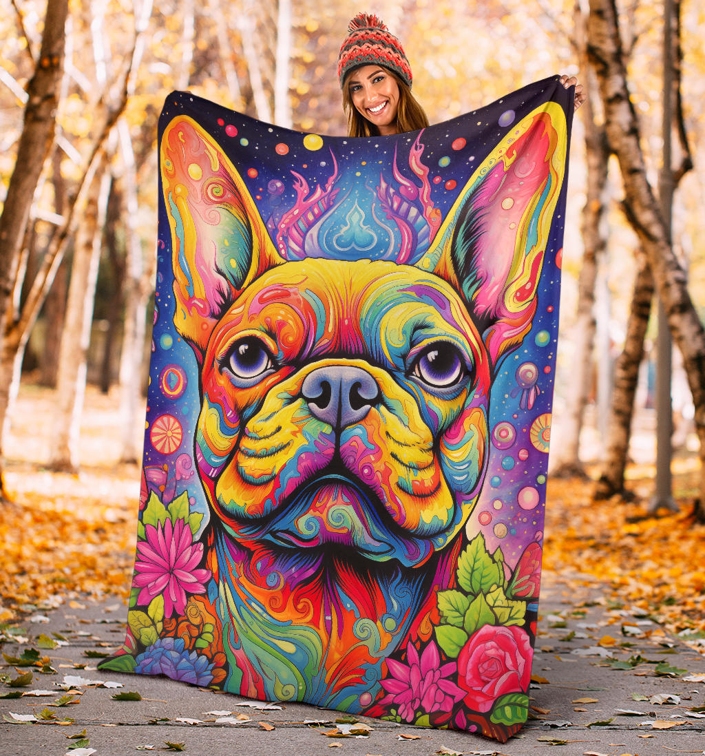 Trippy Psychedelics French Bulldog, French Bulldog Throw Blanket, French Bulldog Fleece Blanket, French Bulldog Gifts