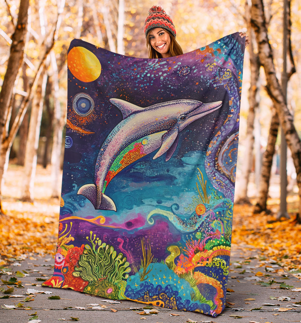 Dolphin Blanket, Trippy Psychedelics Dolphin Fleece Blanket, Dolphin Throw Blanket, Dolphin Gifts