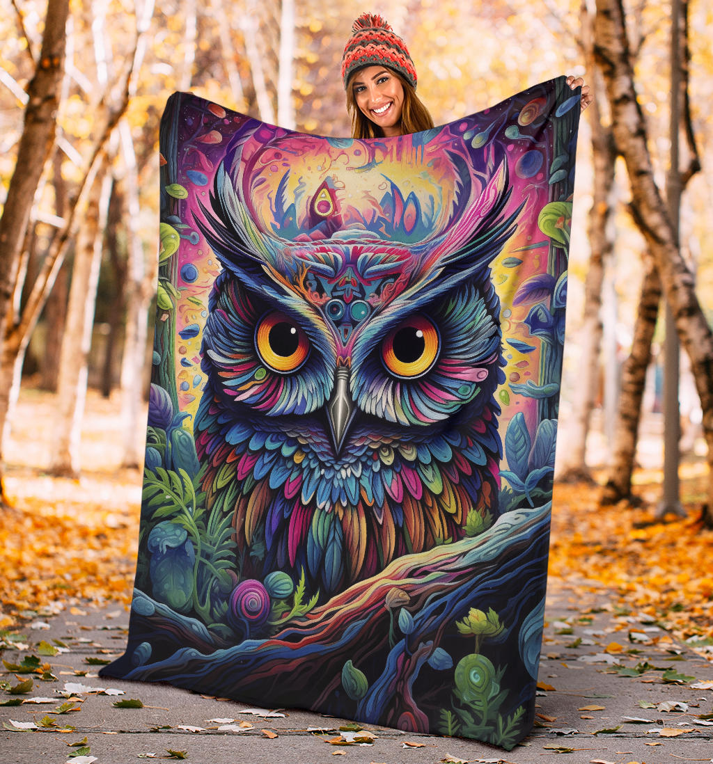 Trippy Psychedelics Owl Blanket, Owl Throw Blanket, Owl Fleece Blanket, Owl Gifts