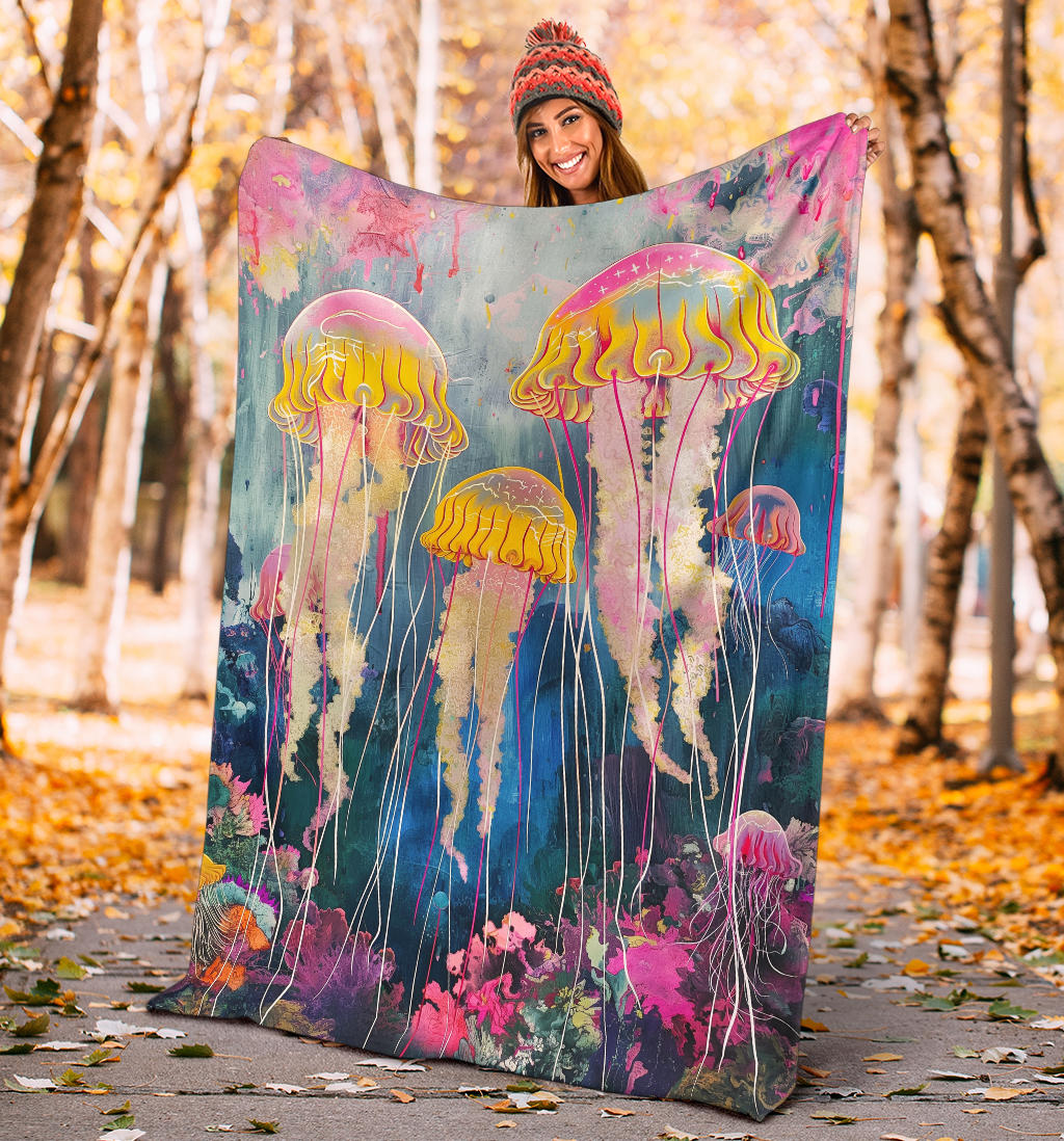 Jellyfish Blanket, Trippy Psychedelics Jellyfish Fleece Blanket, Jellyfish Throw Blanket, Jellyfish Gifts