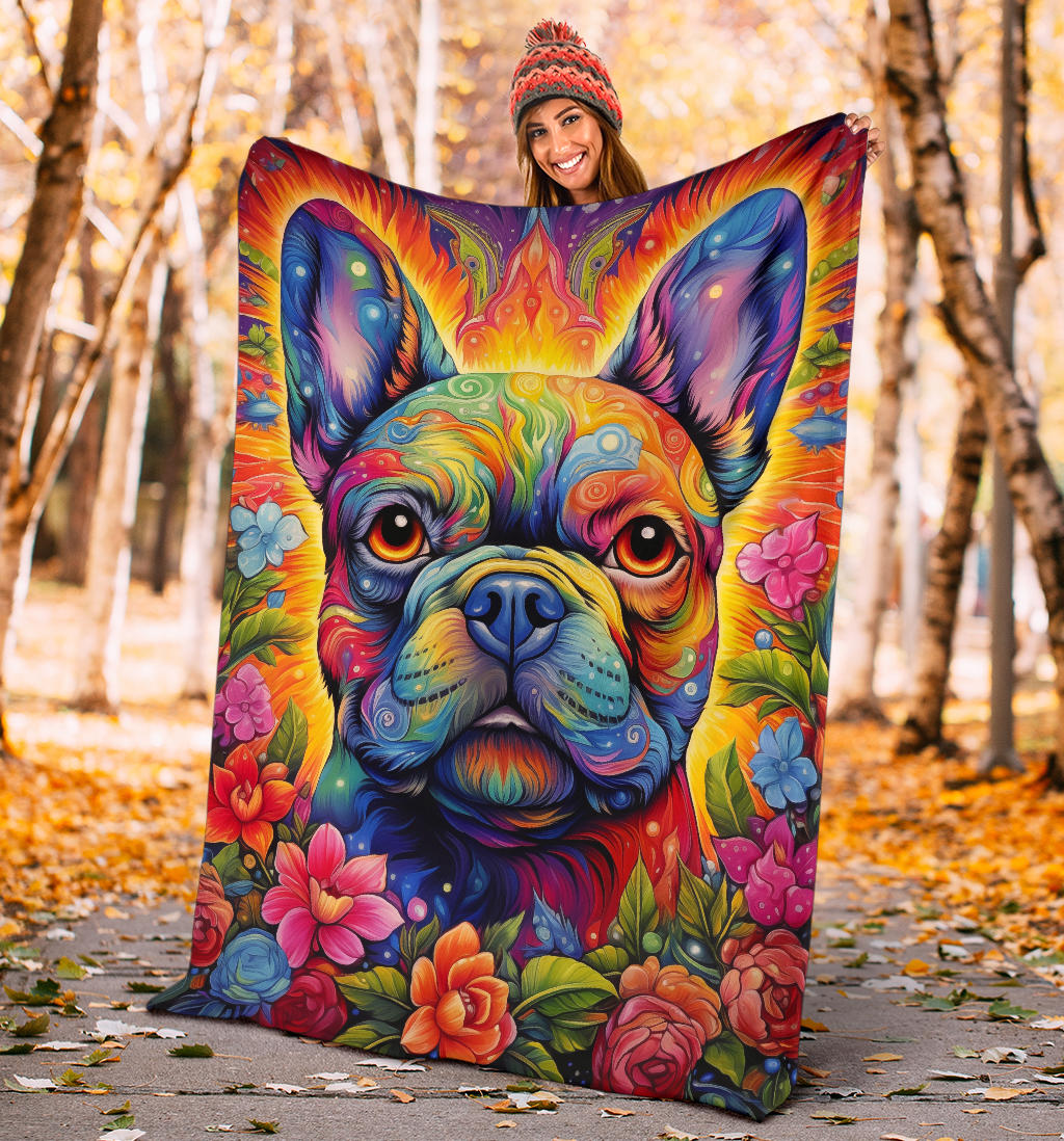 Trippy Psychedelics French Bulldog, French Bulldog Throw Blanket, French Bulldog Fleece Blanket, French Bulldog Gifts