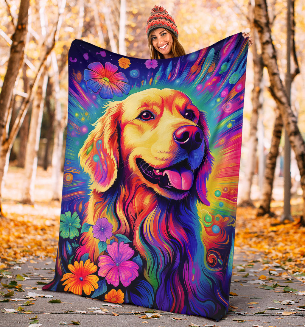 Trippy Psychedelics Golden Retriever Blanket, Golden Retriever Throw Blanket, Golden Retriever Fleece Blanket, Golden Retriever Gifts