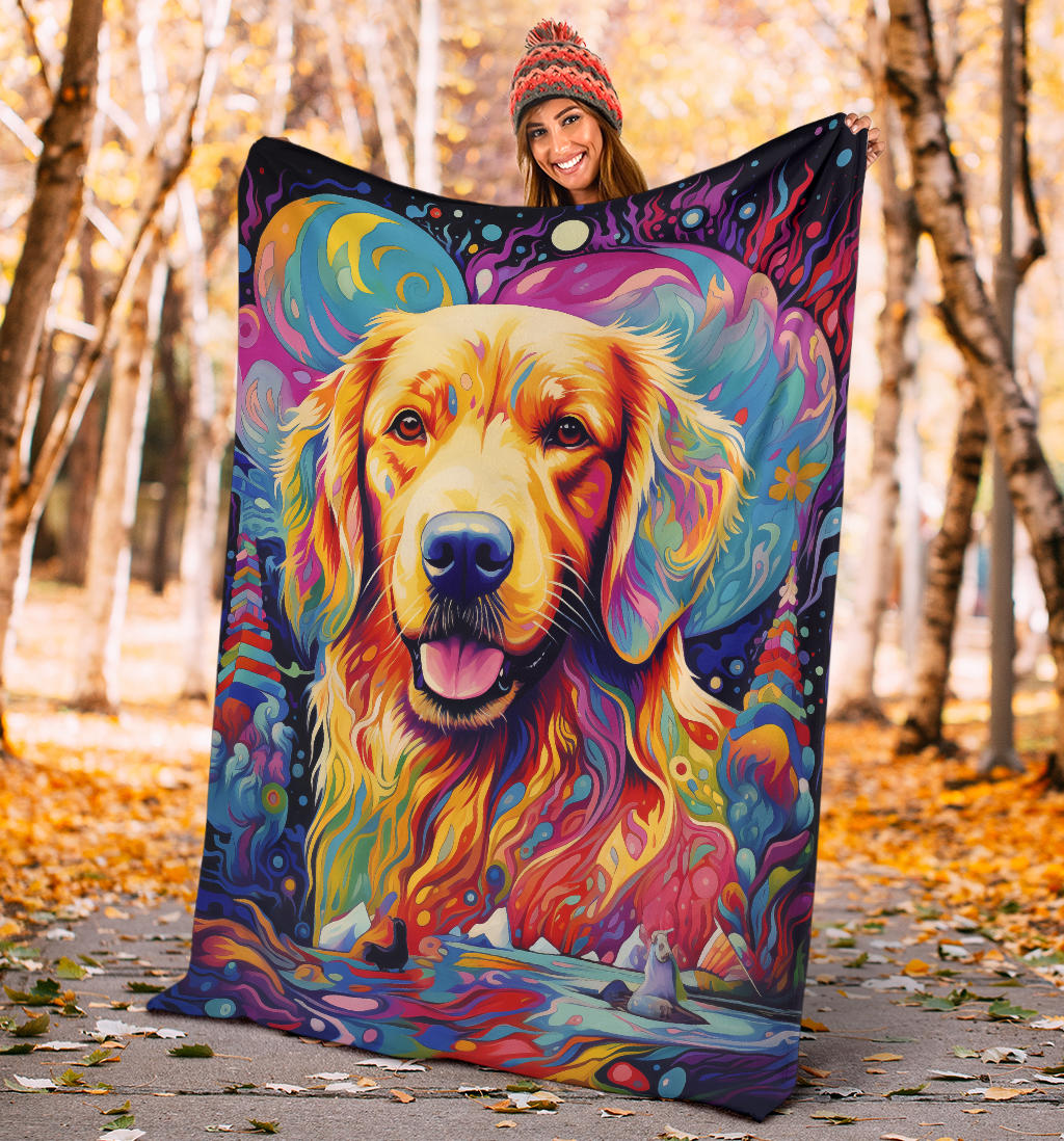 Trippy Psychedelics Golden Retriever Blanket, Golden Retriever Throw Blanket, Golden Retriever Fleece Blanket, Golden Retriever Gifts