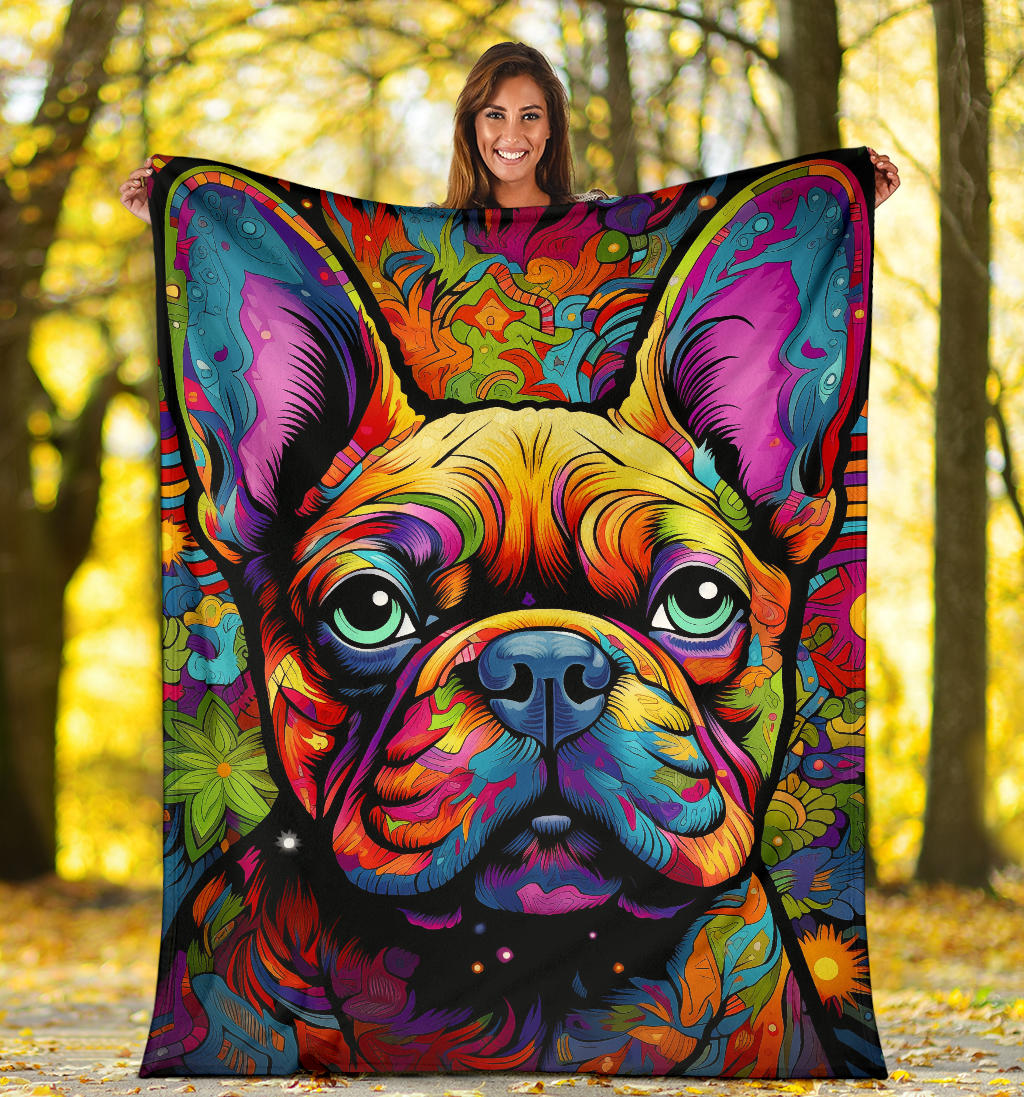 Trippy Psychedelics French Bulldog, French Bulldog Throw Blanket, French Bulldog Fleece Blanket, French Bulldog Gifts