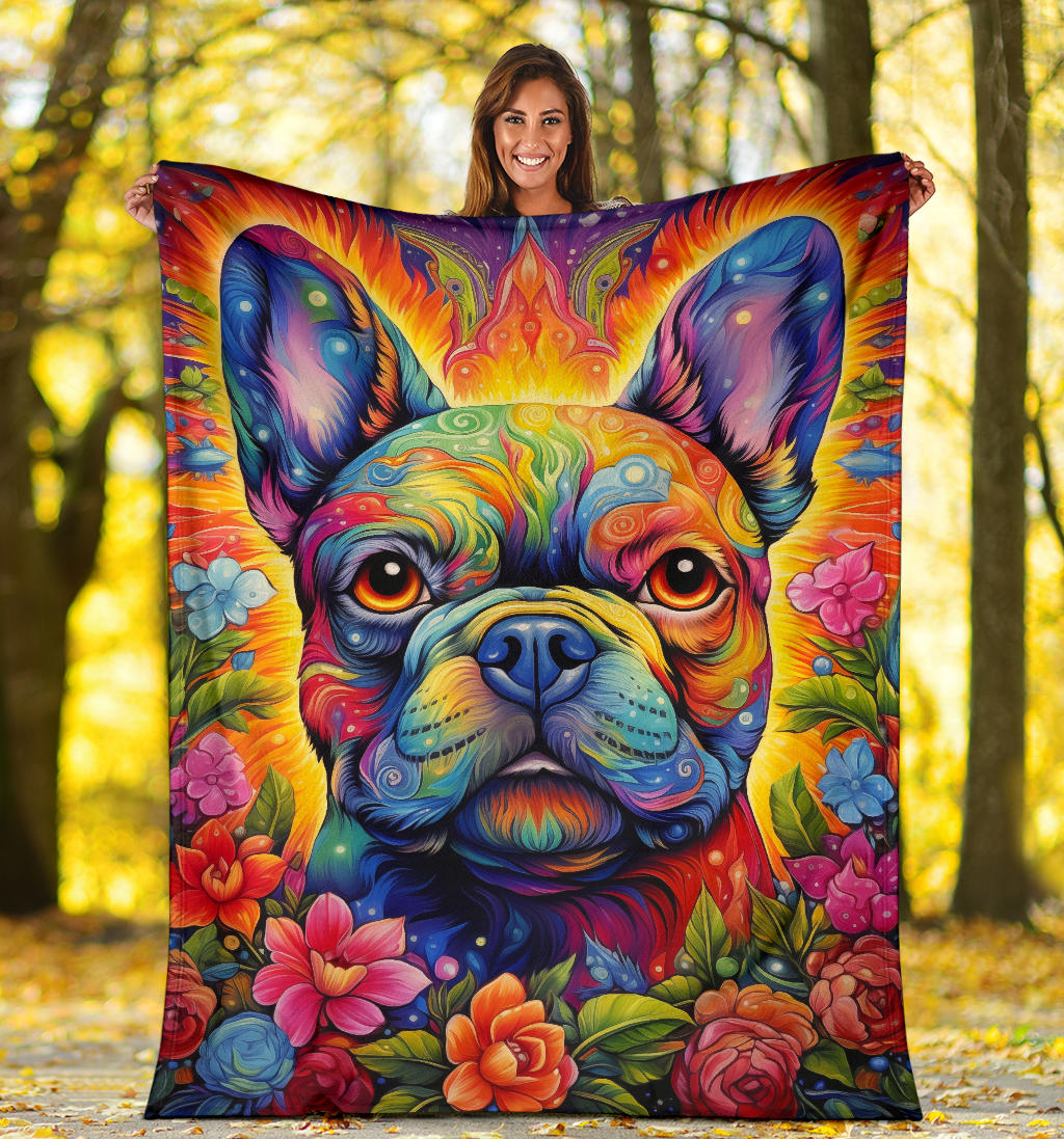 Trippy Psychedelics French Bulldog, French Bulldog Throw Blanket, French Bulldog Fleece Blanket, French Bulldog Gifts