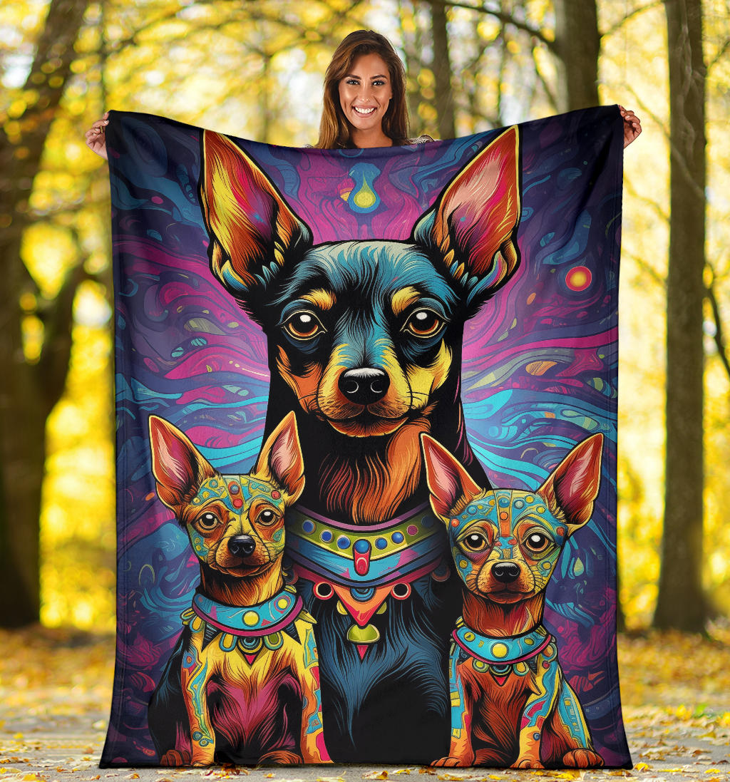 Miniature Pinscher Blanket, Trippy Psychedelics Miniature Pinscher Fleece Blanket, Miniature Pinscher Throw Blanket, Miniature Pinscher Gifts