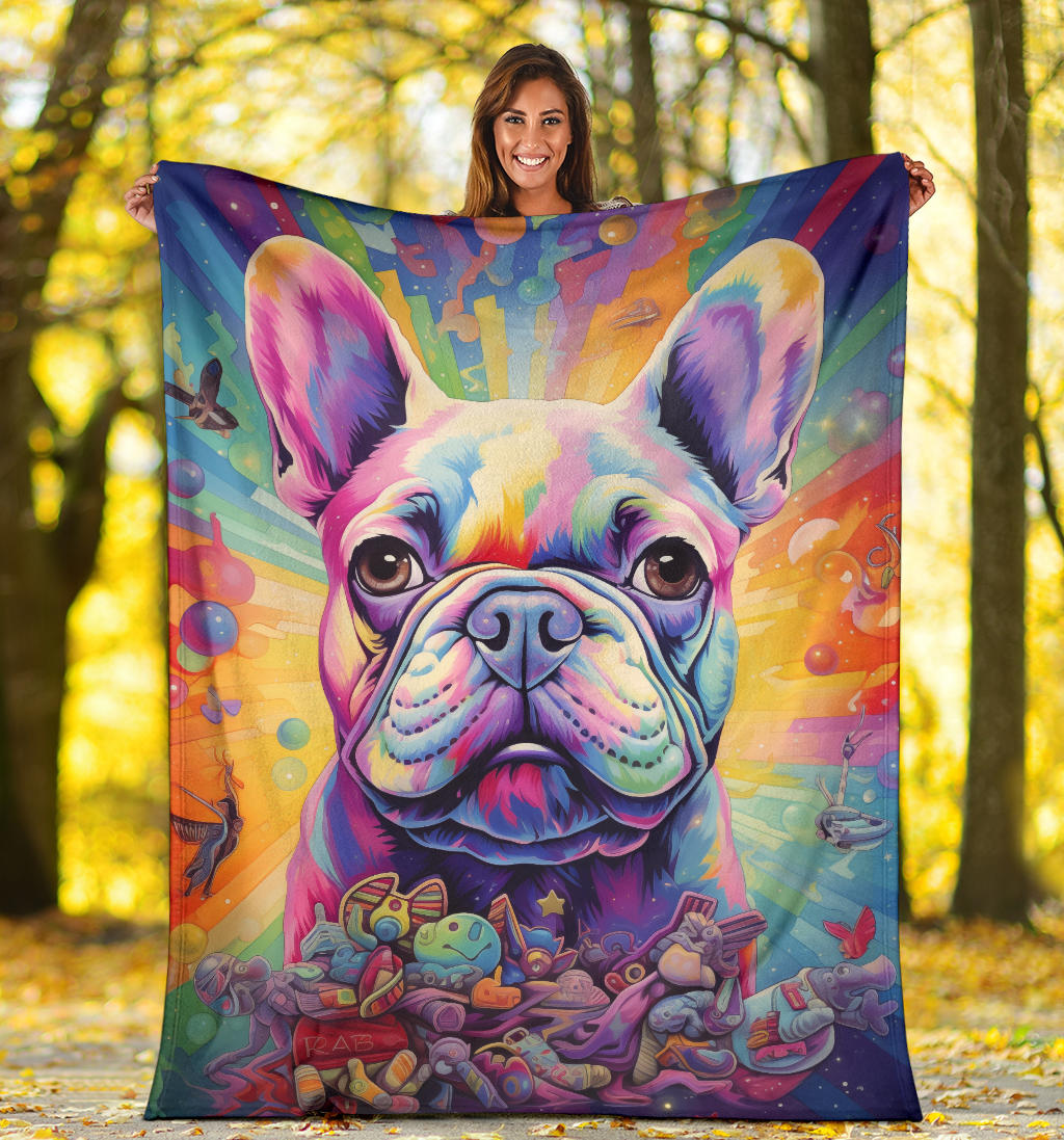 Trippy Psychedelics French Bulldog, French Bulldog Throw Blanket, French Bulldog Fleece Blanket, French Bulldog Gifts