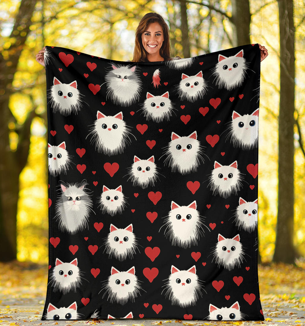 Persian Cat Hearts Blanket, Persian Cat Fleece Blanket