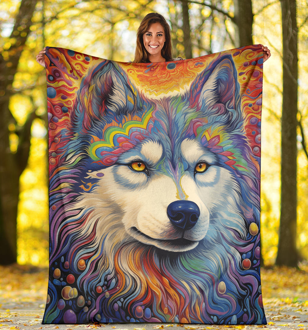 Trippy Psychedelics Siberian Husky Blanket, Siberian Husky Fleece Blanket, Siberian Husky Throw Blanket, Siberian Husky Gifts