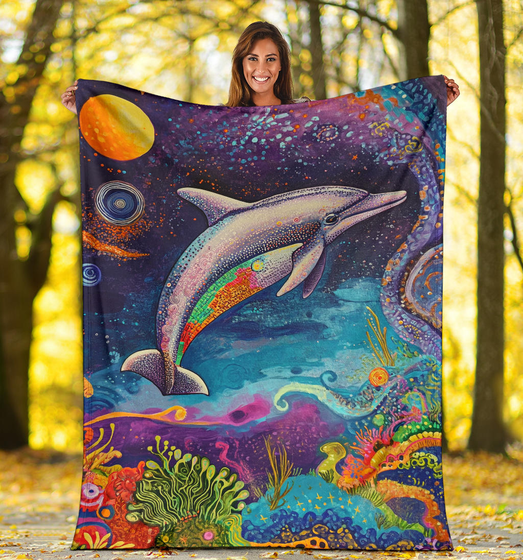 Dolphin Blanket, Trippy Psychedelics Dolphin Fleece Blanket, Dolphin Throw Blanket, Dolphin Gifts