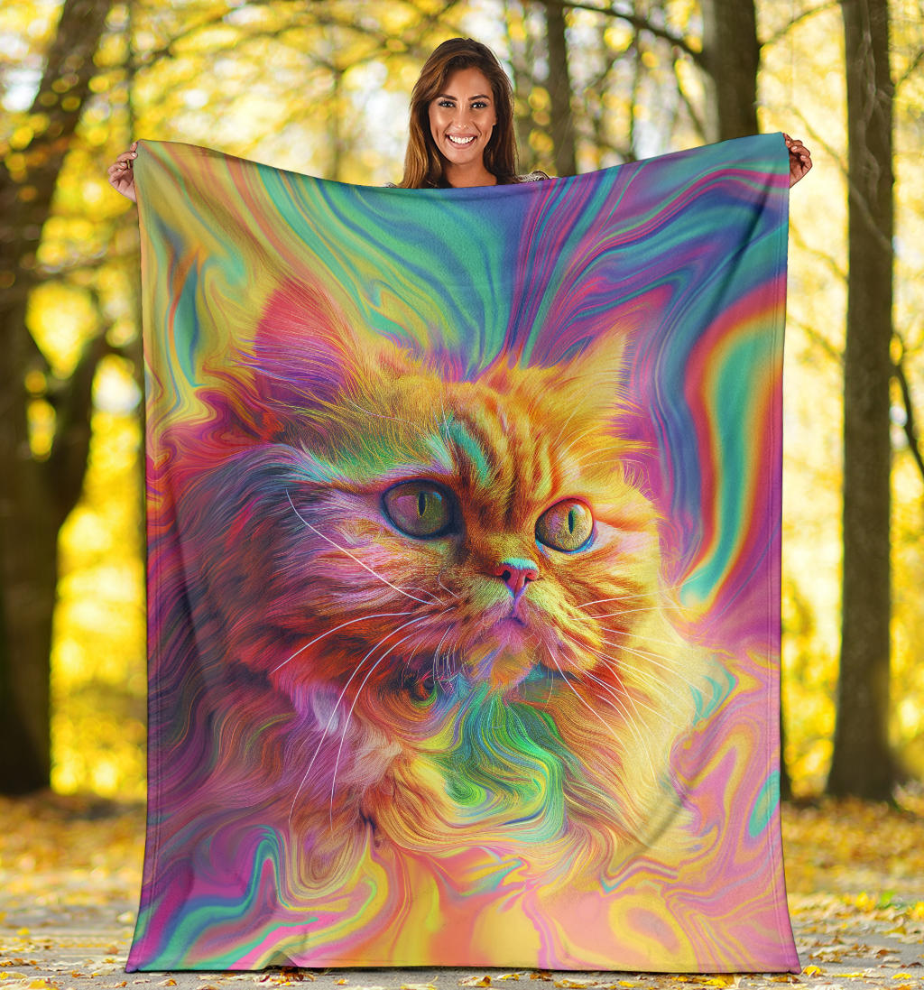 Persian Cat Blanket, Trippy Psychedelics Persian Cat Fleece Blanket, Persian Cat Throw Blanket, Persian Cat Gifts